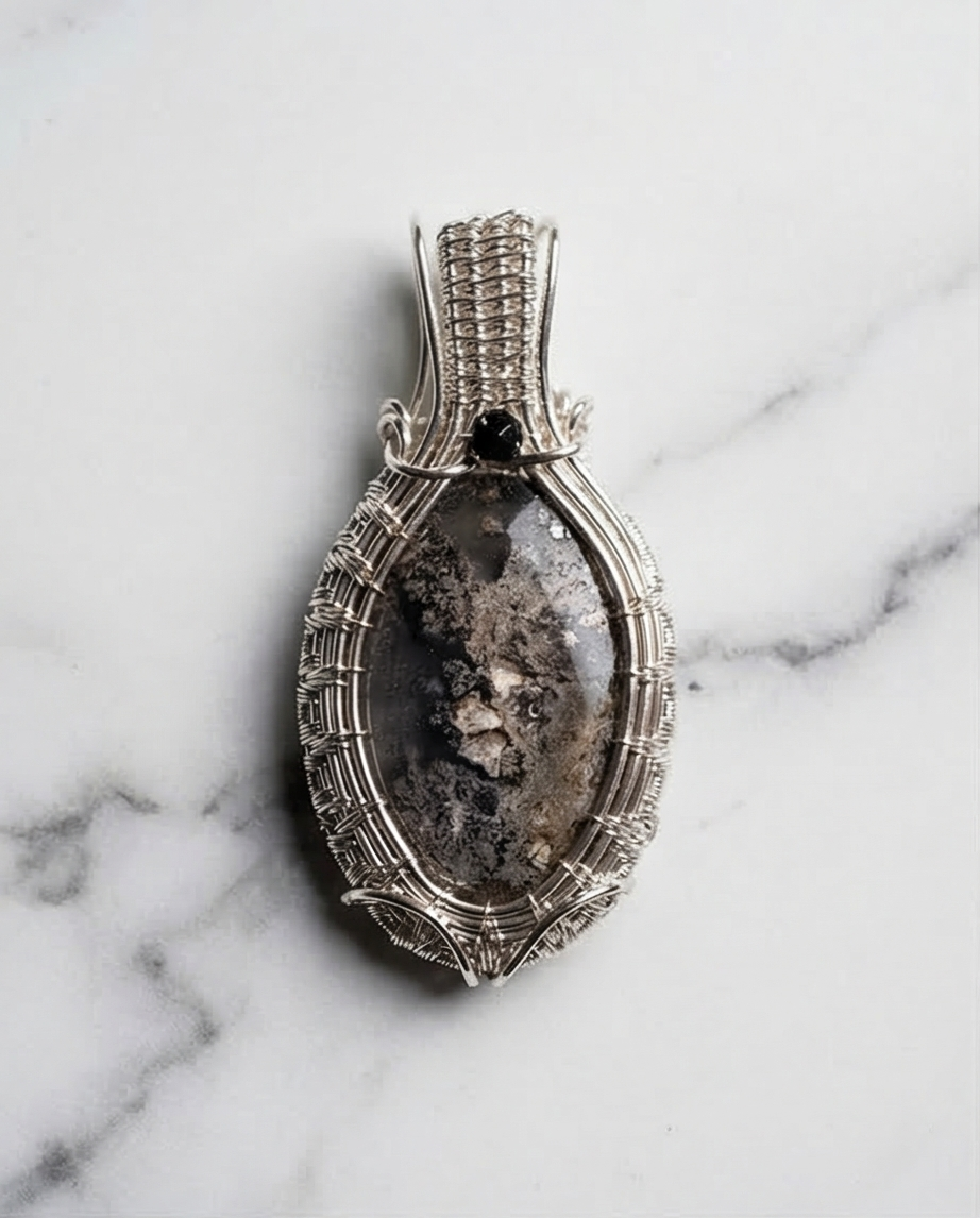 Moss Agate & Black Onyx Wire-Wrapped Pendant – Handmade Artisan Gemstone Necklace