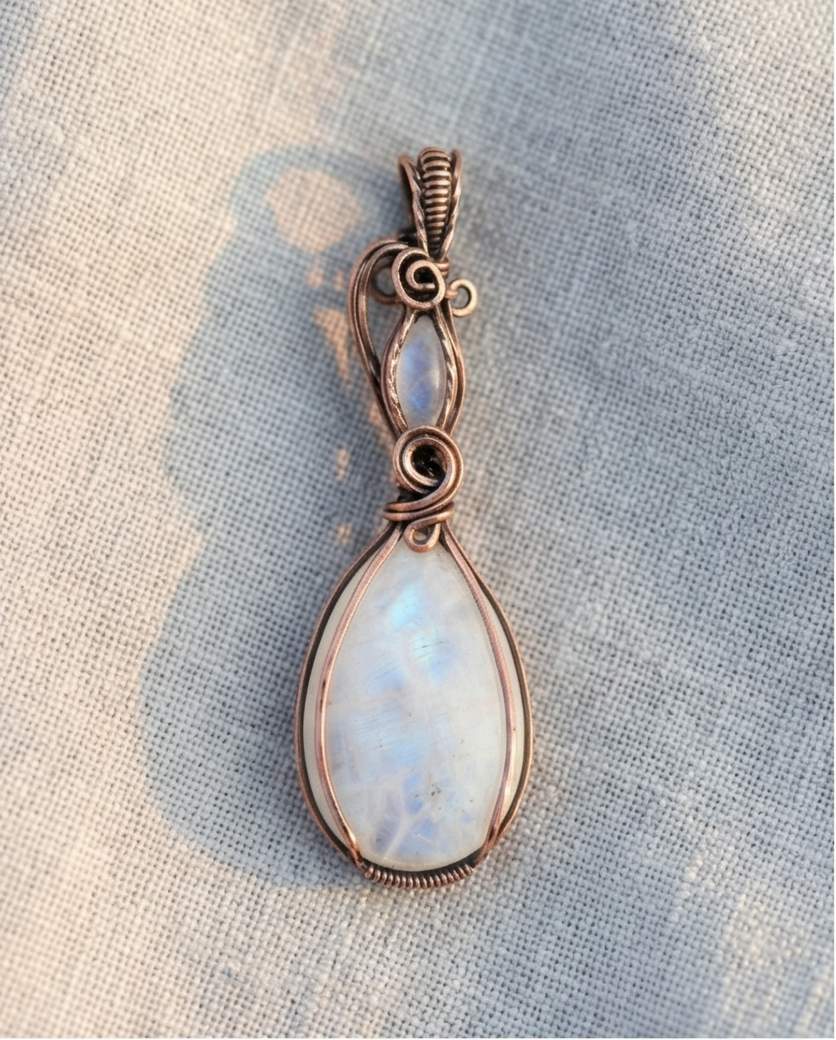 Moonstone & Copper Wire Wrapped Pendant