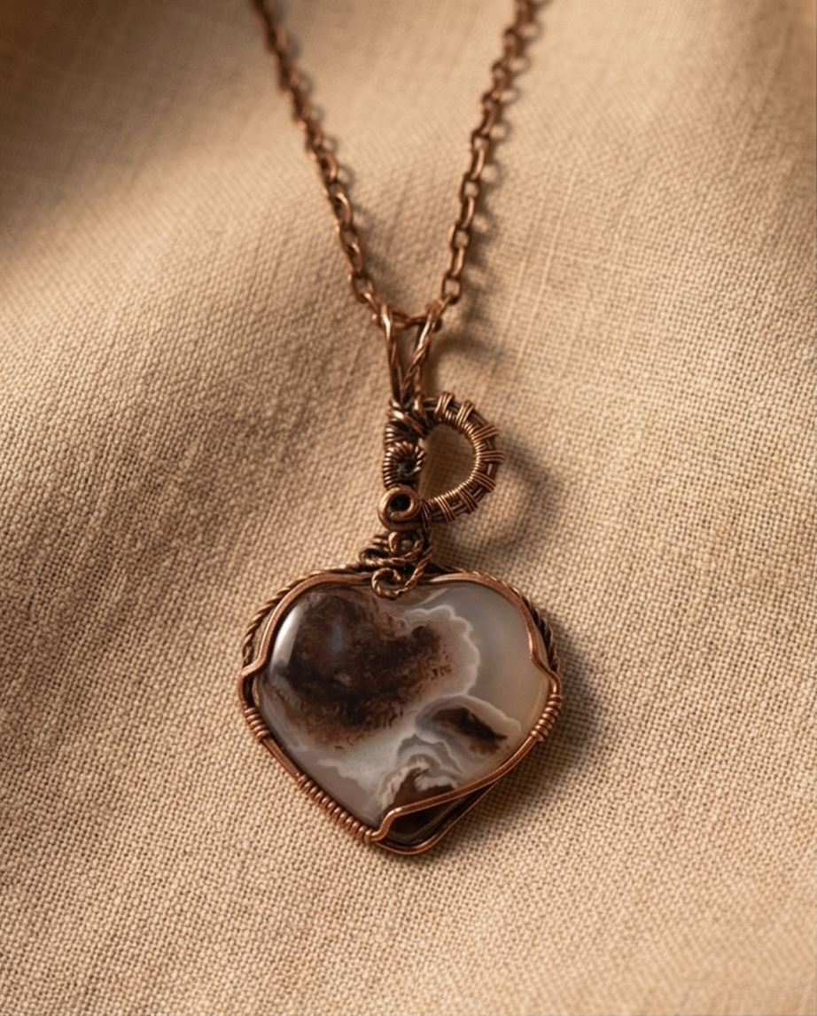 Heart-Shaped Moss Agate Wire-Wrapped Pendant – Handmade Copper Jewelry | Unique Artisan Necklace Gift for Her