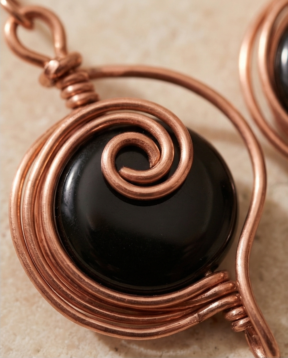 Copper Spiral Onyx Earrings