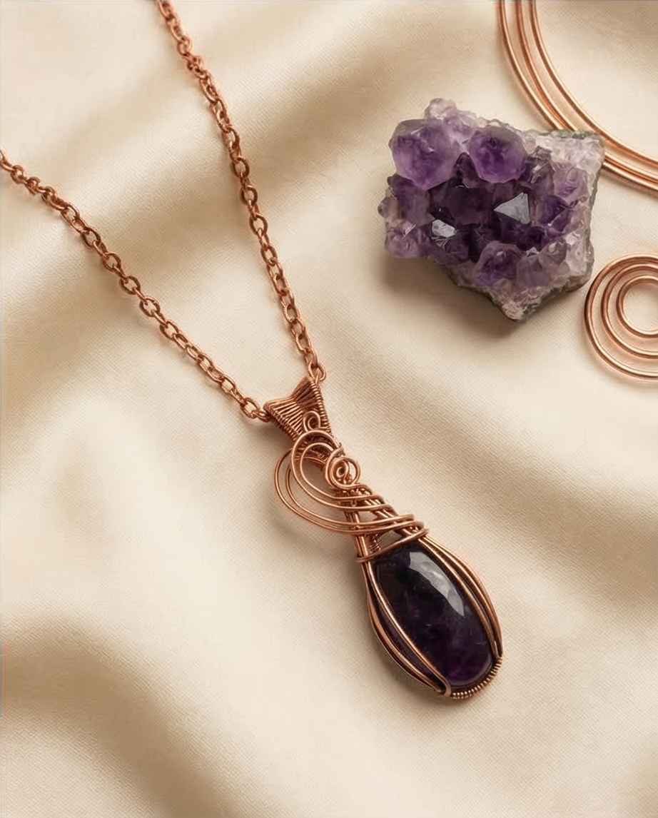 Amethyst Copper Wire Wrapped Pendant – Handcrafted Healing Crystal Necklace