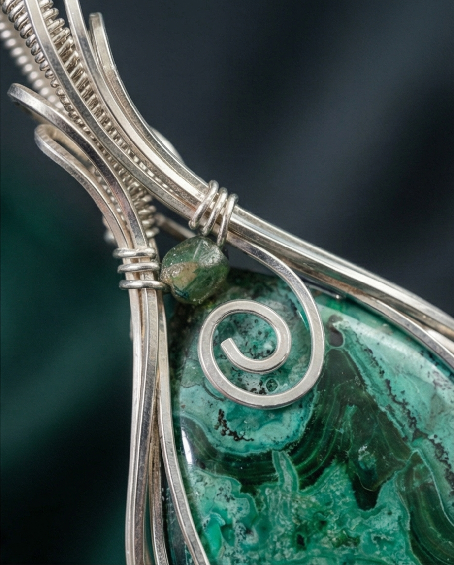 Malachite Statement Pendant in Sterling Silver | Handcrafted Wire Wrapped Jewelry