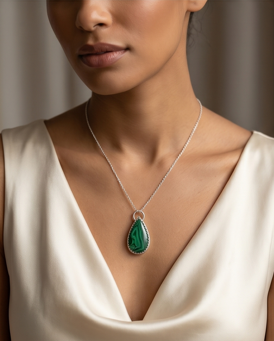 Lifestyle image of handcrafted sterling silver Malachite teardrop pendant worn on chain featuring natural green gemstone banding

