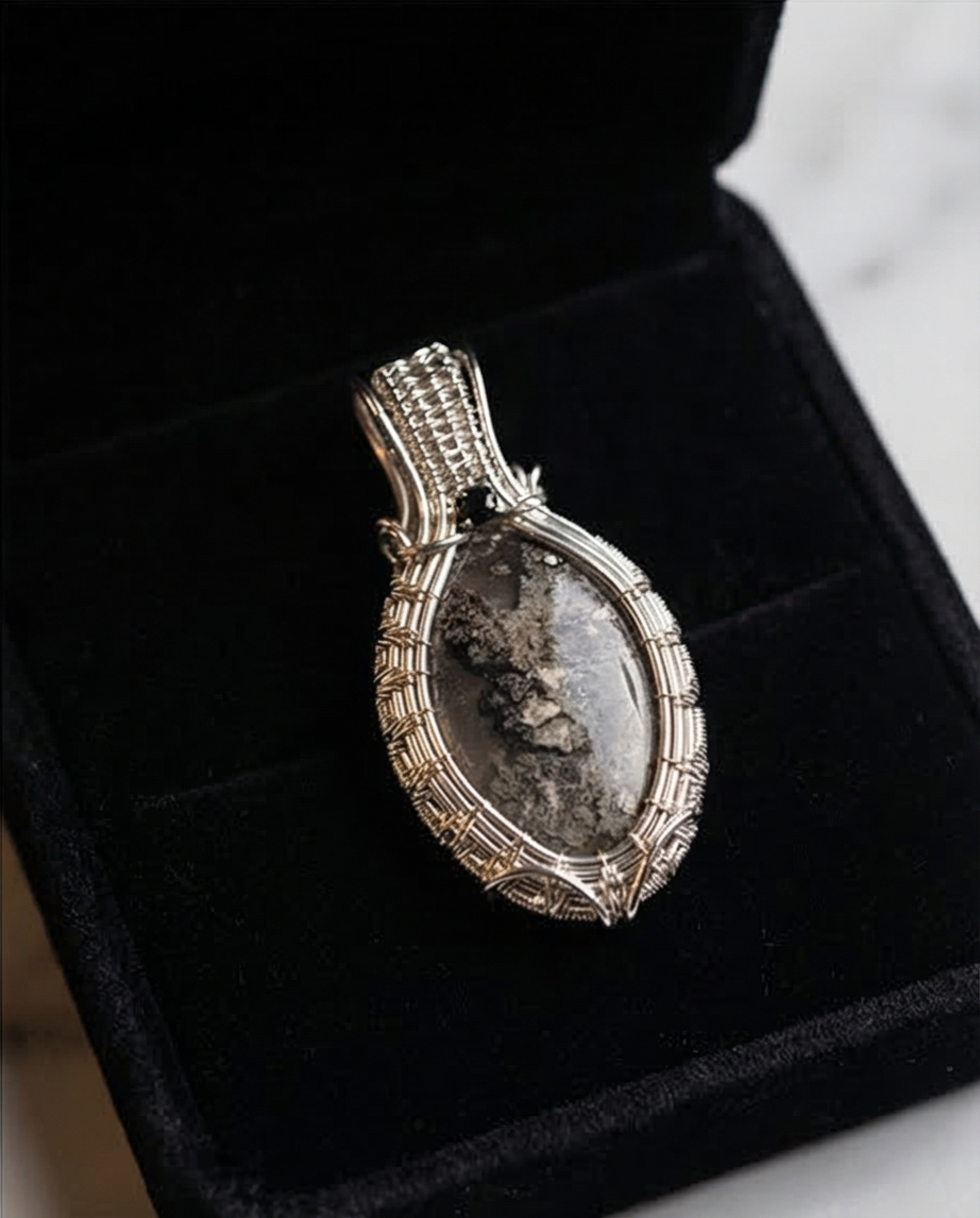 Moss Agate & Black Onyx Wire-Wrapped Pendant – Handmade Artisan Gemstone Necklace