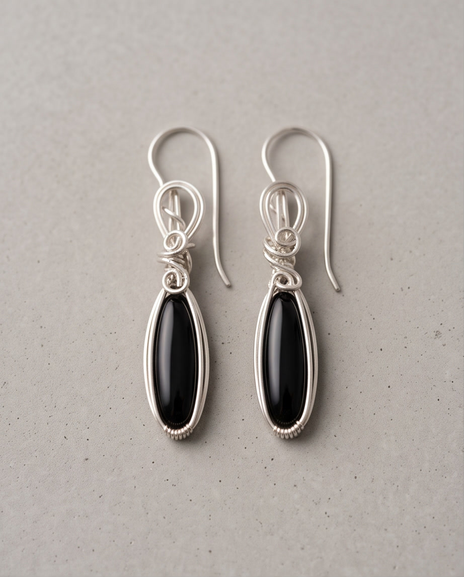 handcrafted sterling silver wirework on Black Onyx earring