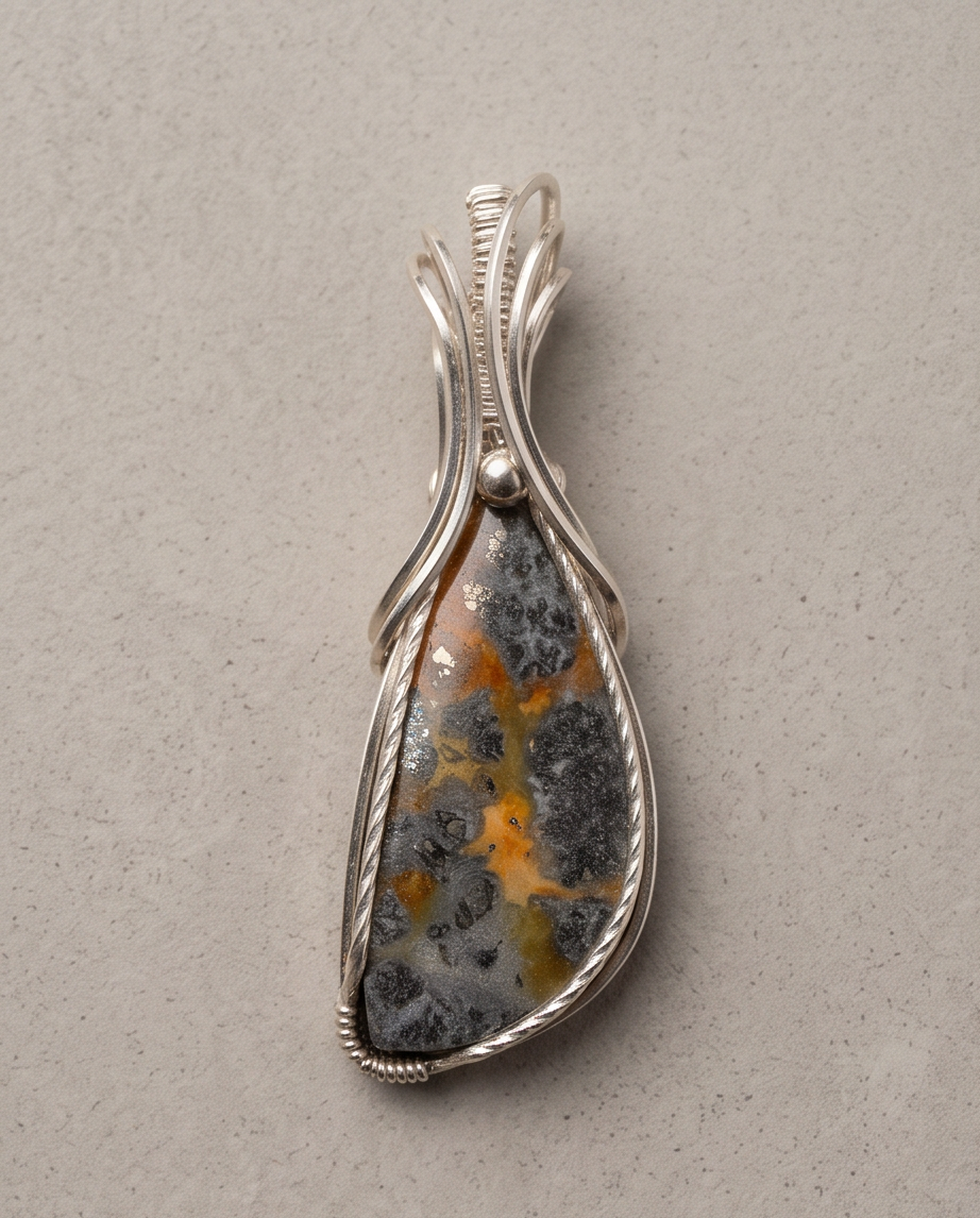 Handcrafted Marcasite statement pendant in sterling silver with twisted wire accents and sculptural bail, 3.5 inches long