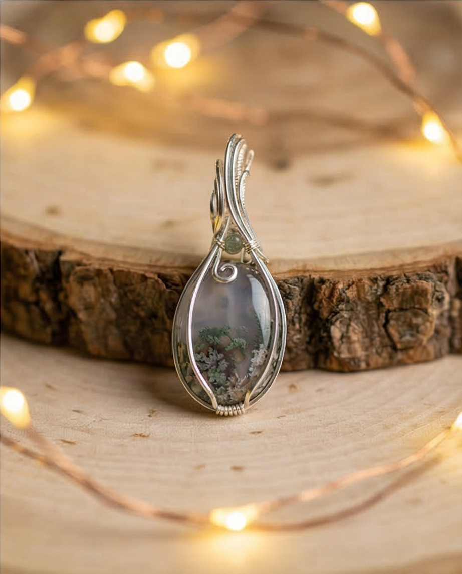 Moss Agate Wire-Wrapped Pendant – Handmade Nature-Inspired Gemstone Necklace