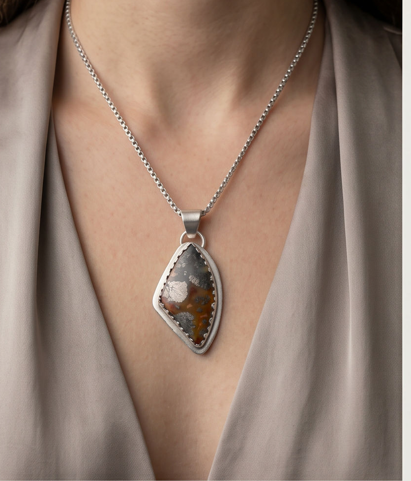 Handcrafted Marcasite statement pendant set in sterling silver with sculptural bail and twisted wire accents.