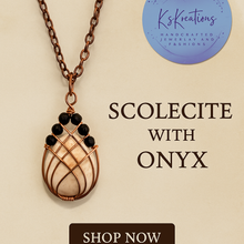 Load image into Gallery viewer, Handmade copper wire Scolecite pendant with black bead accents

Scolecite gemstone pendant necklace with copper chain

Artisan wire-wrapped Scolecite pendant with natural inclusions

Unique Scolecite gemstone jewelry gift for her