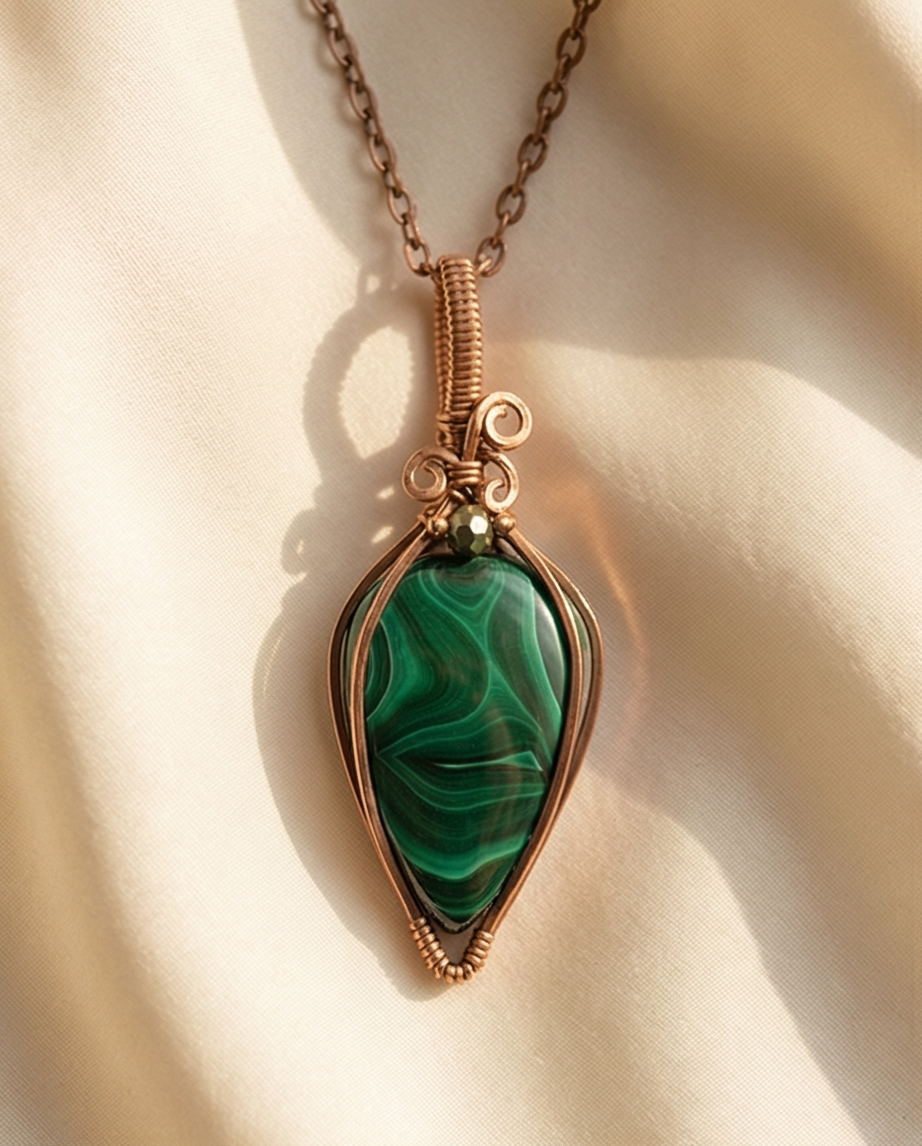 Malachite Wire-Wrapped Pendant – Handmade Copper Jewelry | Unique Green Gemstone Necklace Gift for Her