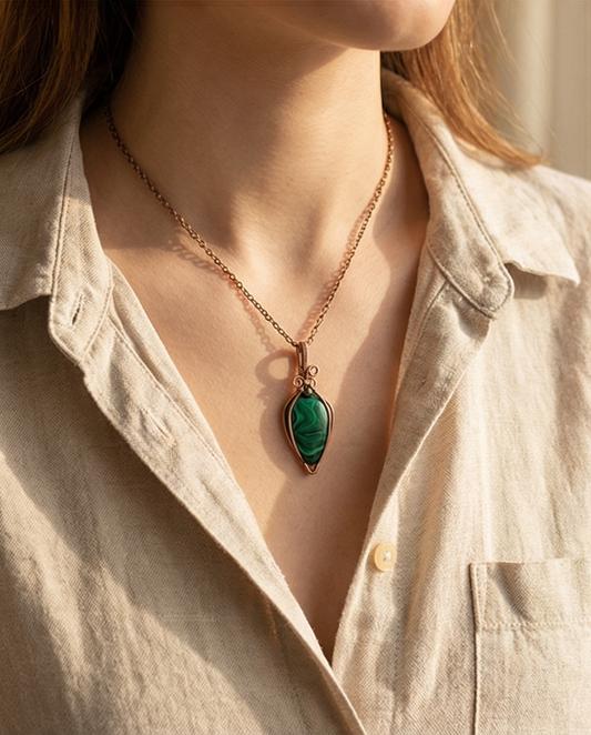 Malachite Wire-Wrapped Pendant – Handmade Copper Jewelry | Unique Green Gemstone Necklace Gift for Her