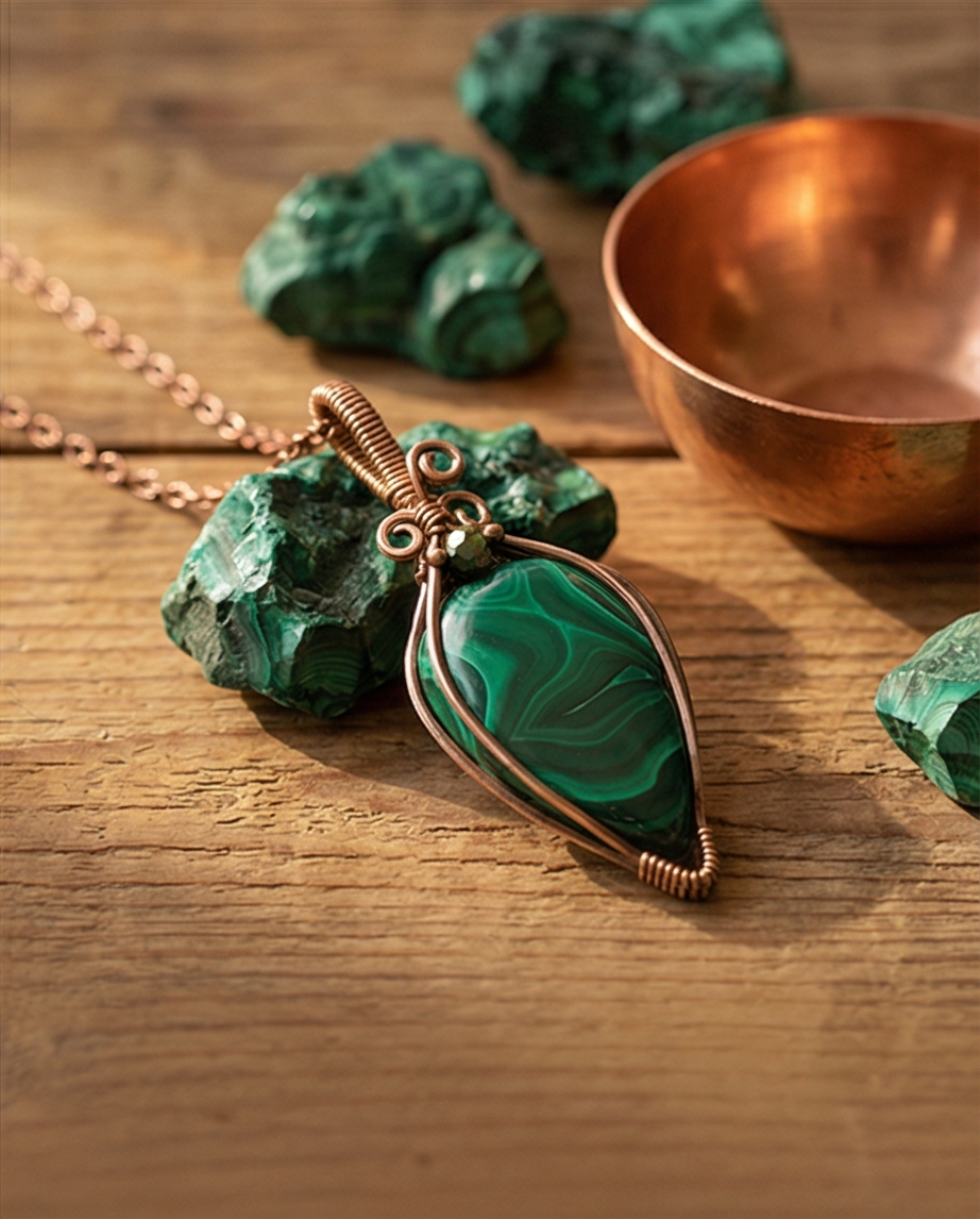 Malachite Wire-Wrapped Pendant – Handmade Copper Jewelry | Unique Green Gemstone Necklace Gift for Her