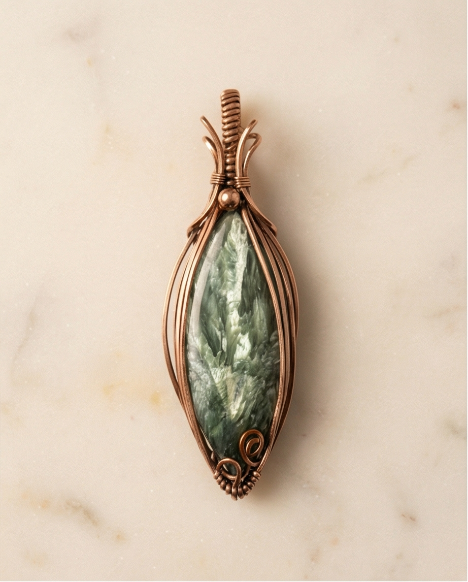 Seraphinite Wire-Wrapped Pendant – Handmade Copper Jewelry | Unique Gemstone Necklace with Silver Movement