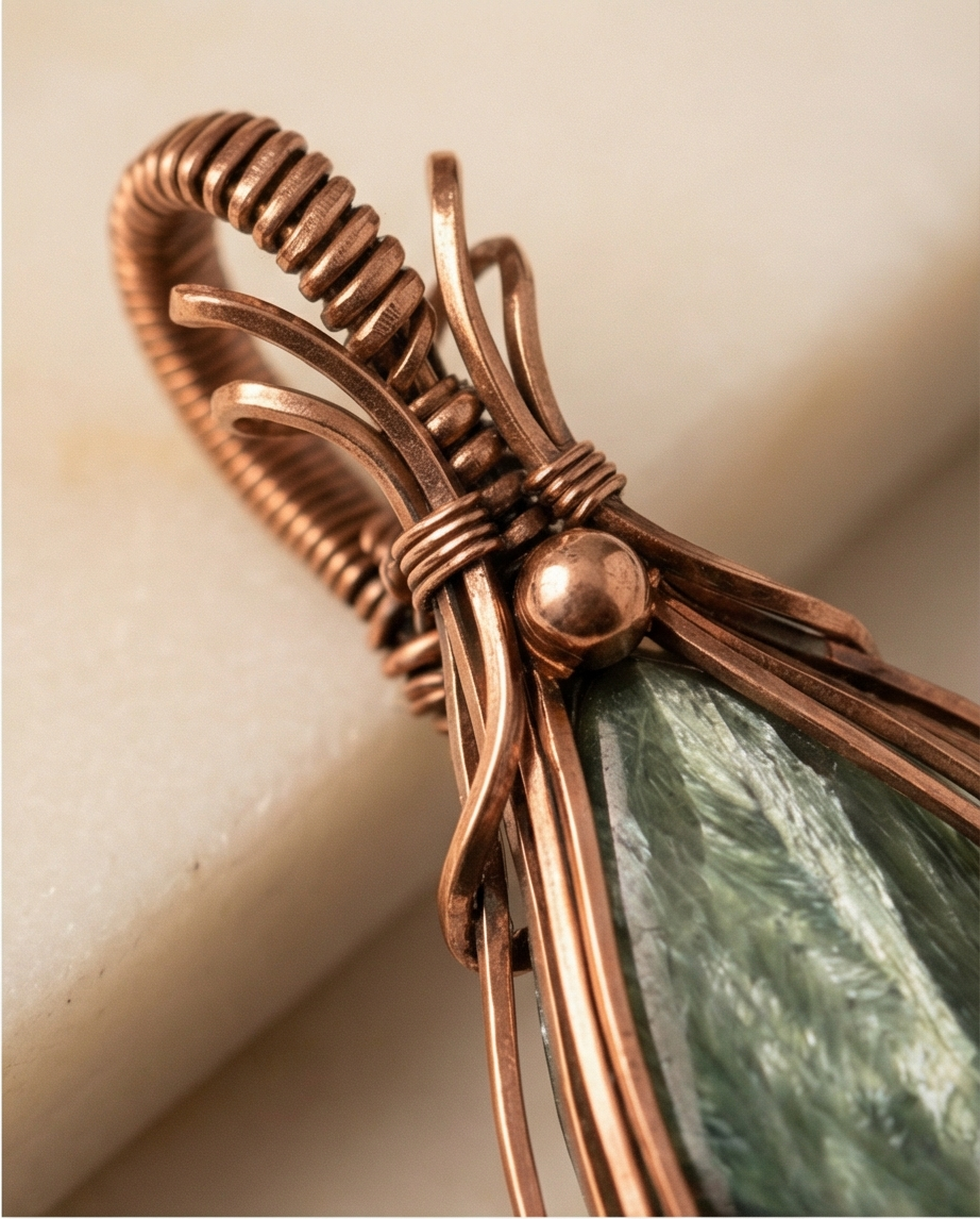 Seraphinite Wire-Wrapped Pendant – Handmade Copper Jewelry | Unique Gemstone Necklace with Silver Movement