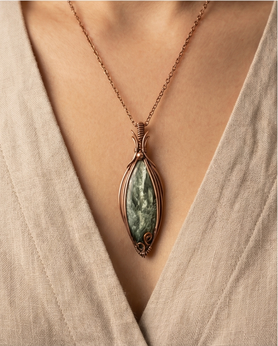 Seraphinite Wire-Wrapped Pendant – Handmade Copper Jewelry | Unique Gemstone Necklace with Silver Movement