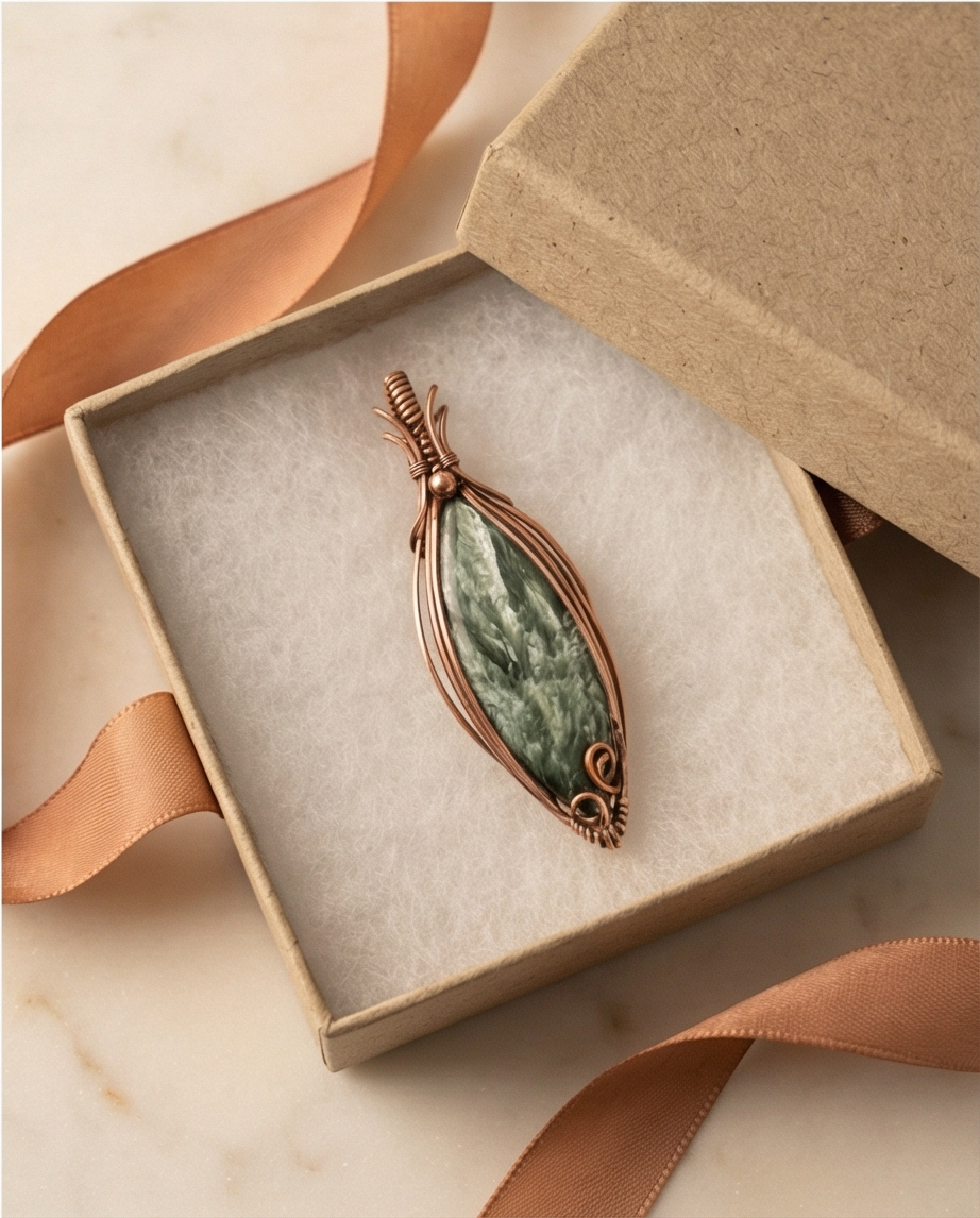 Seraphinite Wire-Wrapped Pendant – Handmade Copper Jewelry | Unique Gemstone Necklace with Silver Movement