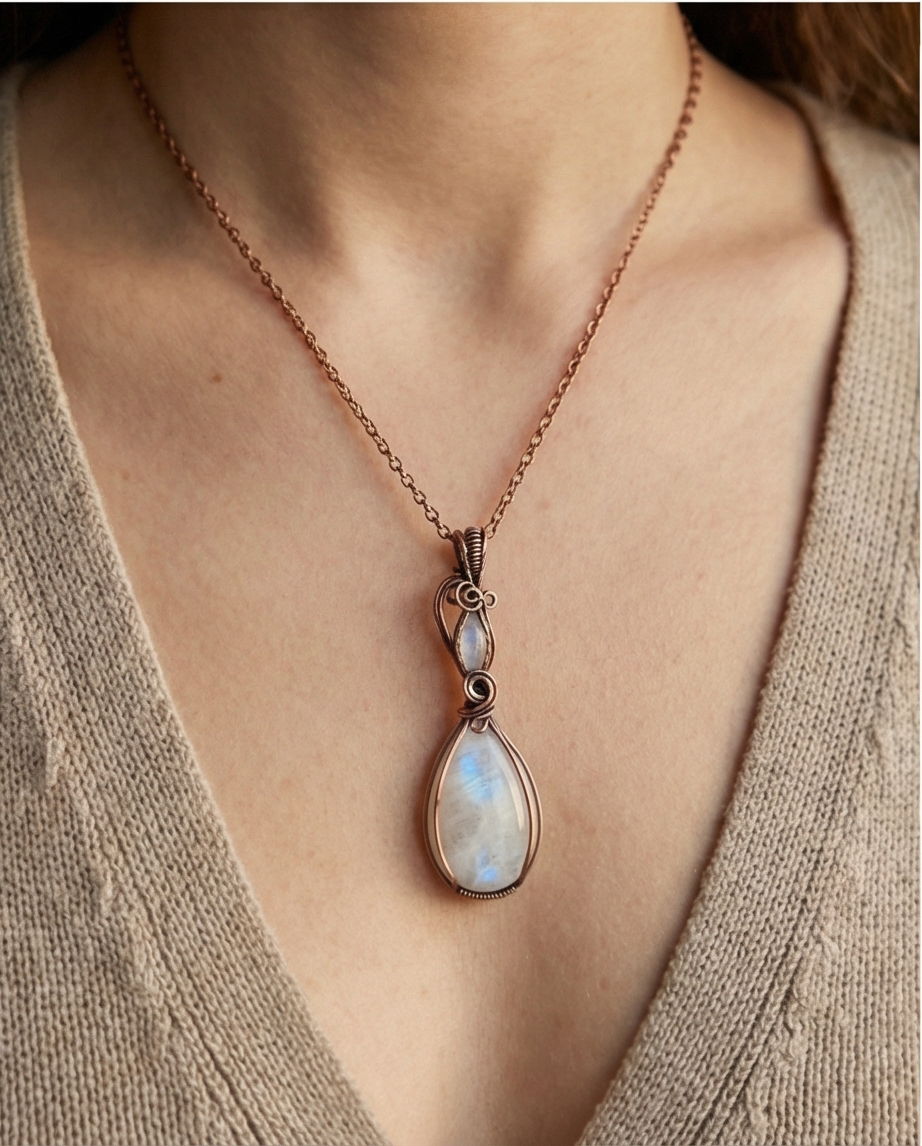 Moonstone & Copper Wire Wrapped Pendant