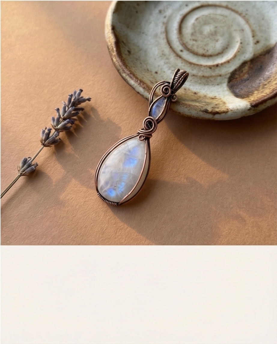 Moonstone & Copper Wire Wrapped Pendant