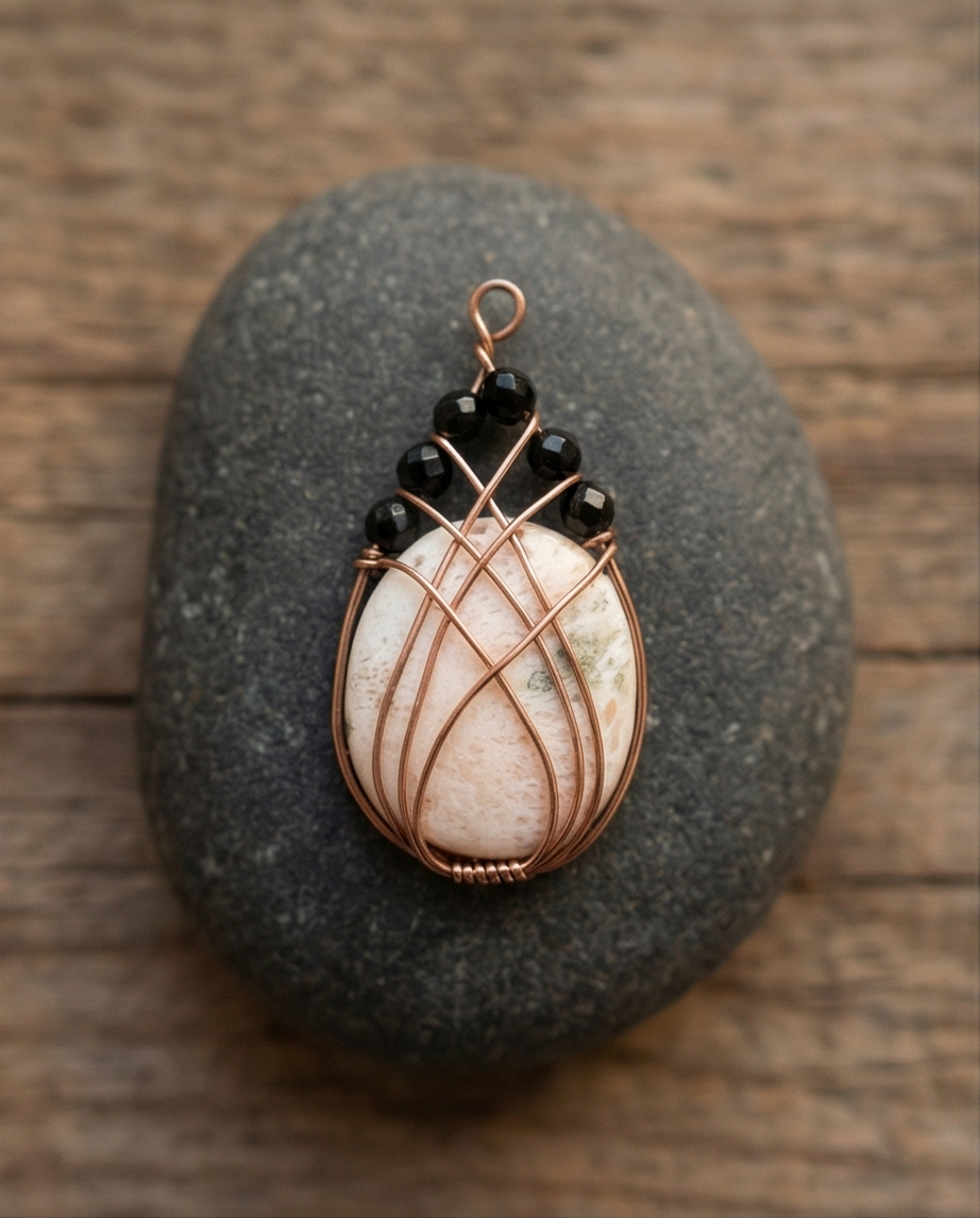 Handmade Scolecite pendant is wrapped in warm copper and accented with faceted black Onyx beads for bold contrast. A one-of-a-kind gemstone necklace combining peace and strength.