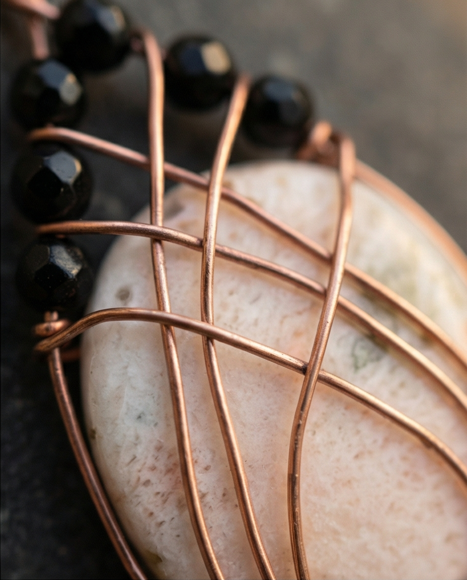 Handmade Scolecite pendant is wrapped in warm copper and accented with faceted black Onyx beads for bold contrast. A one-of-a-kind gemstone necklace combining peace and strength.