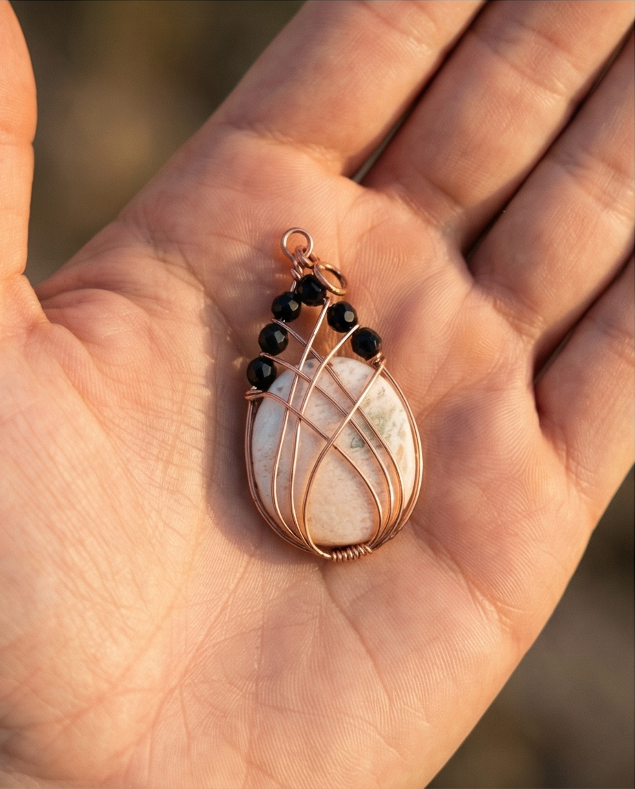 Handmade Scolecite pendant is wrapped in warm copper and accented with faceted black Onyx beads for bold contrast. A one-of-a-kind gemstone necklace combining peace and strength.