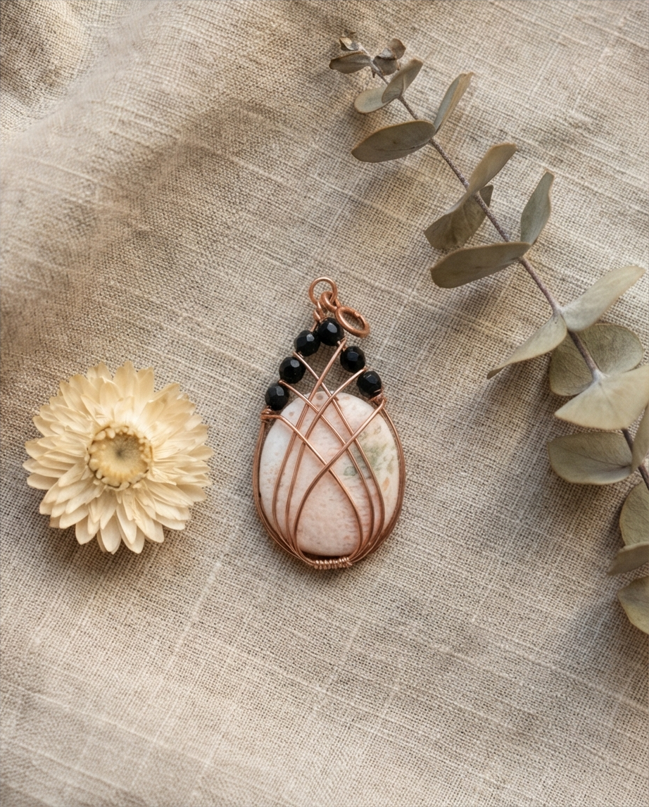 Handmade Scolecite pendant is wrapped in warm copper and accented with faceted black Onyx beads for bold contrast. A one-of-a-kind gemstone necklace combining peace and strength.