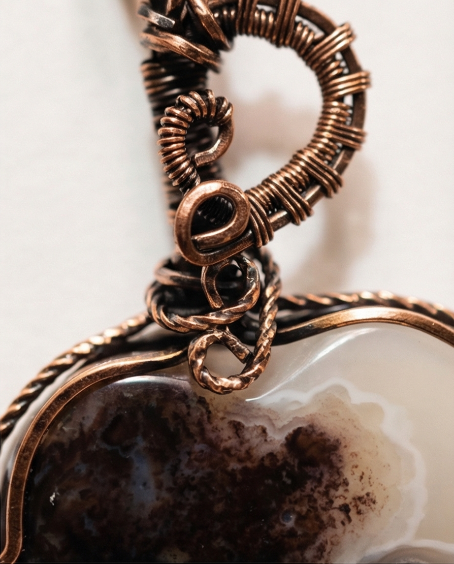 Heart-Shaped Moss Agate Wire-Wrapped Pendant – Handmade Copper Jewelry | Unique Artisan Necklace Gift for Her