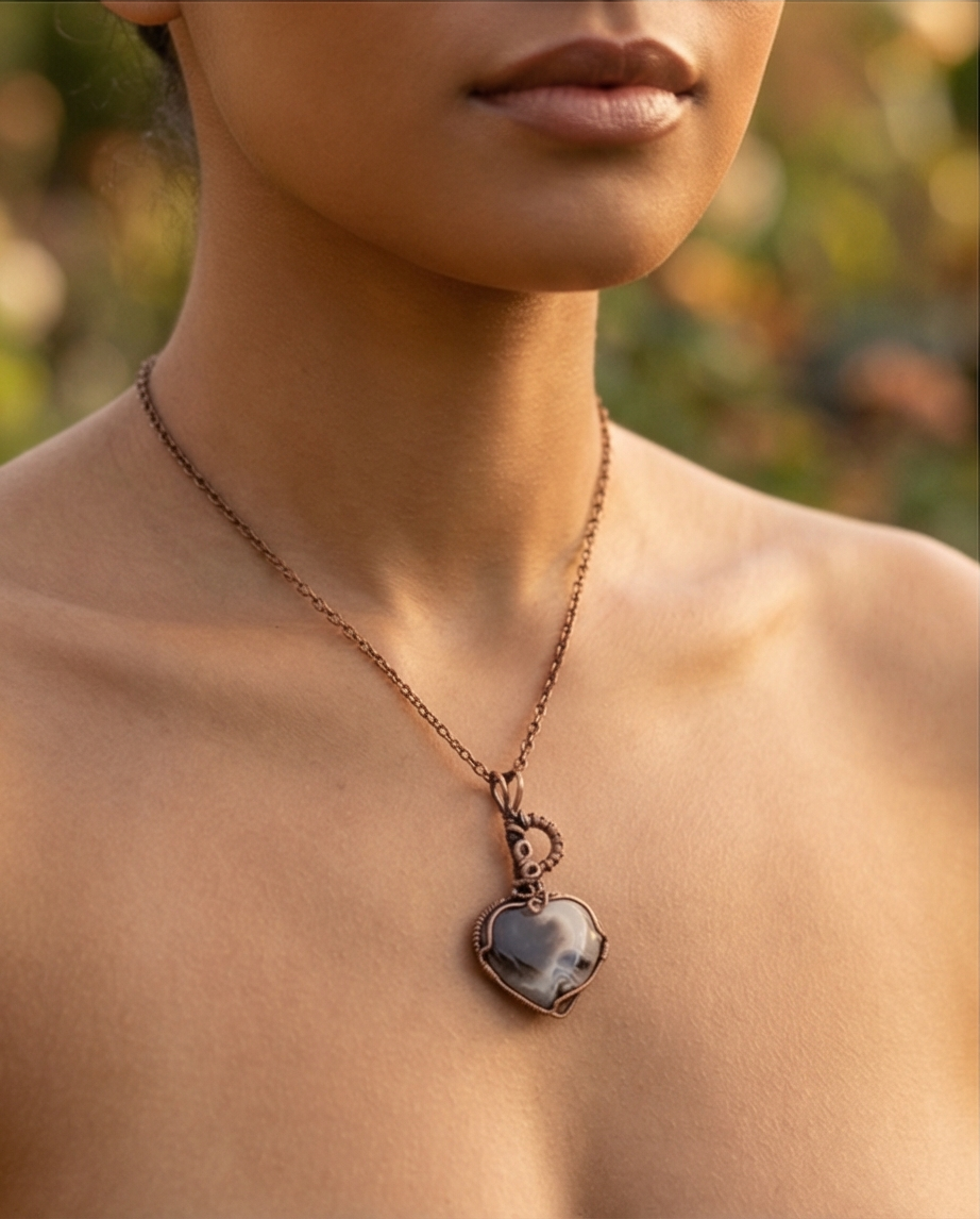 Heart-Shaped Moss Agate Wire-Wrapped Pendant – Handmade Copper Jewelry | Unique Artisan Necklace Gift for Her