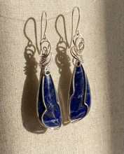 Load image into Gallery viewer, Handcrafted sodalite wire wrapped drop earrings with natural blue sodalite gemstones