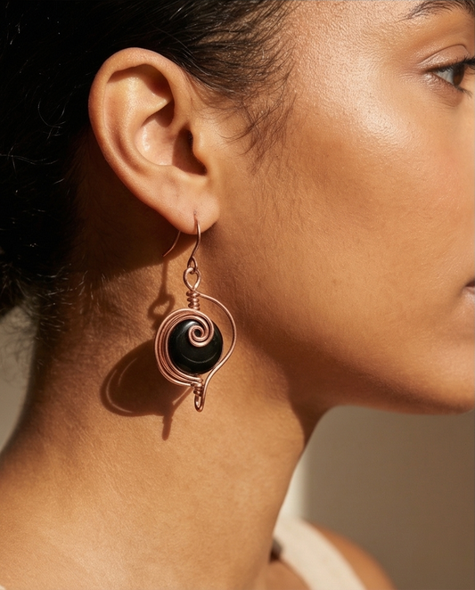 Copper Spiral Onyx Earrings