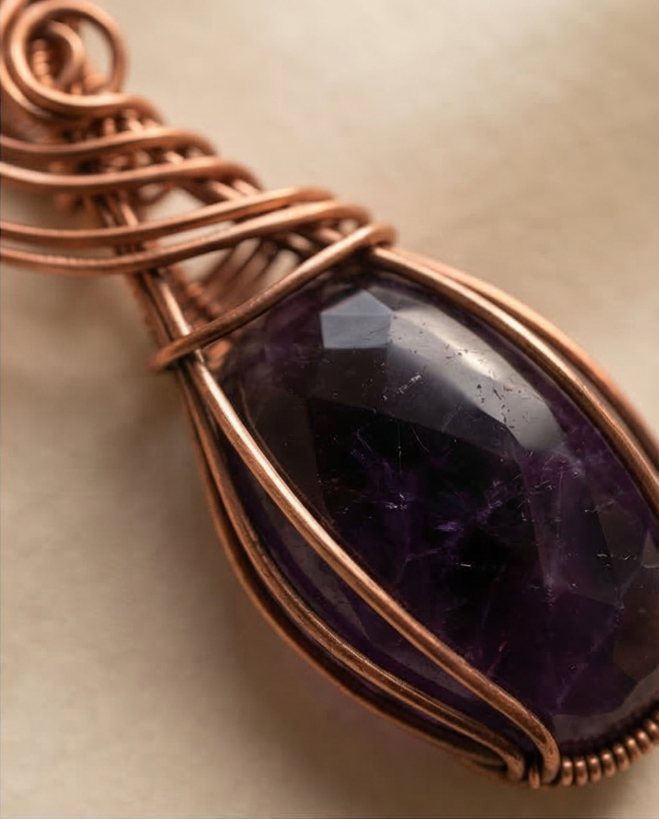Amethyst Copper Wire Wrapped Pendant – Handcrafted Healing Crystal Necklace