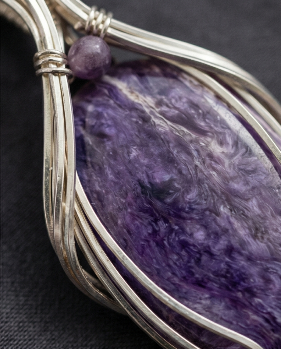 Charoite Pendant in Sterling Silver | Handcrafted Wire Wrapped Purple Gemstone