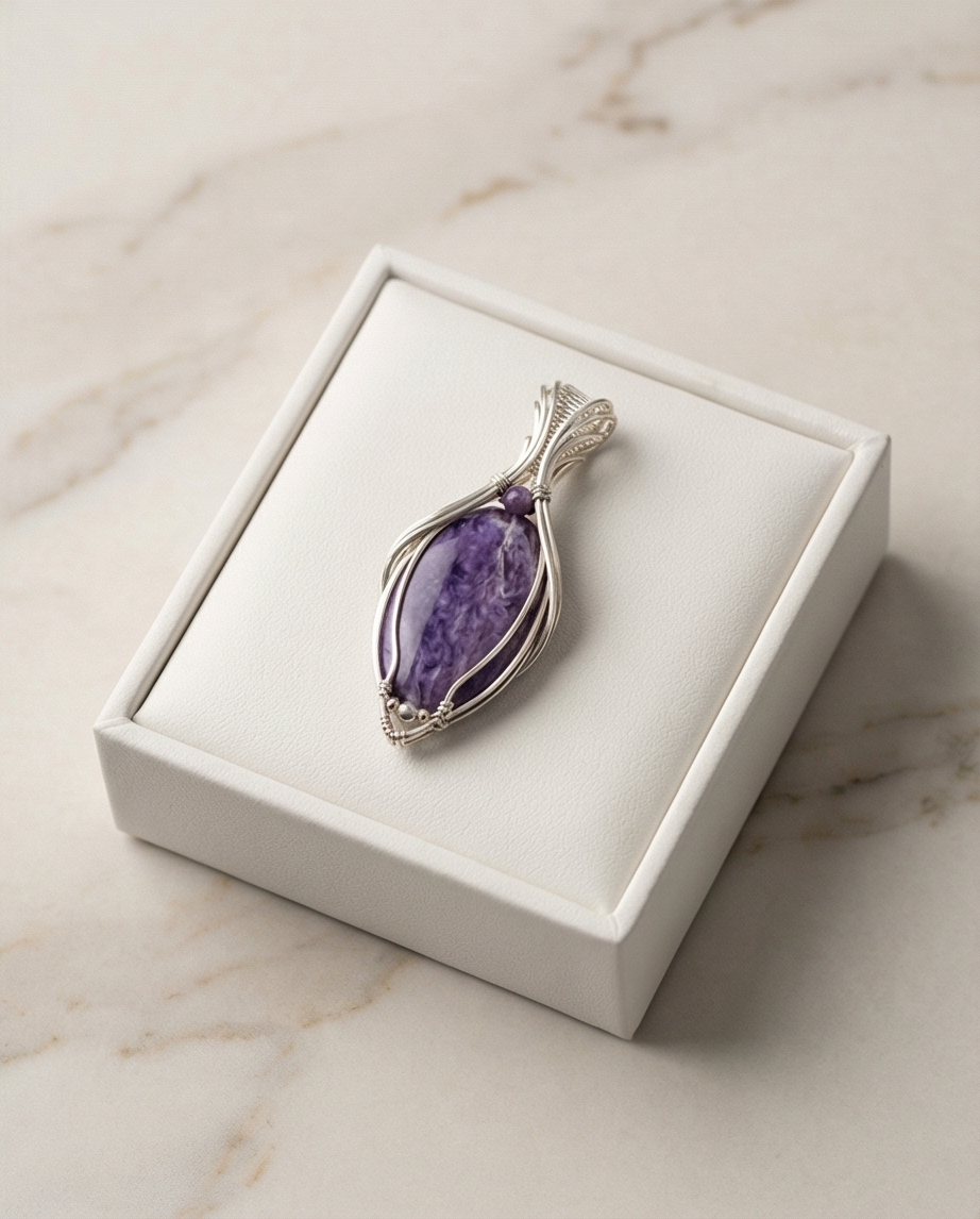 Charoite Pendant in Sterling Silver | Handcrafted Wire Wrapped Purple Gemstone