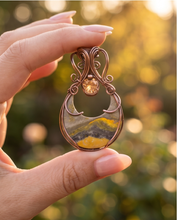 Load image into Gallery viewer, Handcrafted Bumblebee  Jasper Cresent Moon Copper Wire-Wrapped Pendant Necklace | One-of-a-Kind Artisan Jewelry by K’sKreations