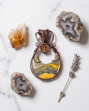 Load image into Gallery viewer, Handcrafted Bumblebee  Jasper Cresent Moon Copper Wire-Wrapped Pendant Necklace | One-of-a-Kind Artisan Jewelry by K’sKreations