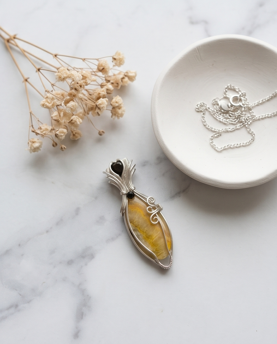 handcrafted golden bumblebee jasper pendant with soft yellow tones sterling silver wire wrap with scroll detail and gemstone accents
