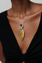 Load image into Gallery viewer, handcrafted golden bumblebee jasper pendant with soft yellow tones sterling silver wire wrap with scroll detail and gemstone accents