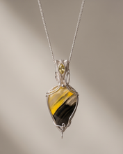 Load image into Gallery viewer, Bumblebee Jasper Statement Pendant with Accent Stone – Handcrafted Sterling Silver Wire Wrapped Jewelry