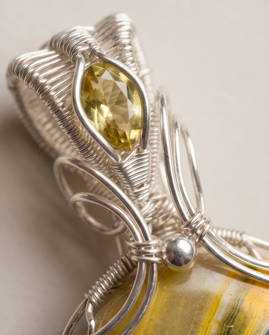 Bumblebee Jasper Statement Pendant with Accent Stone – Handcrafted Sterling Silver Wire Wrapped Jewelry