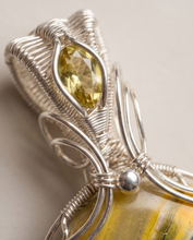 Load image into Gallery viewer, Bumblebee Jasper Statement Pendant with Accent Stone – Handcrafted Sterling Silver Wire Wrapped Jewelry