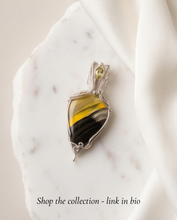 Load image into Gallery viewer, Bumblebee Jasper Statement Pendant with Accent Stone – Handcrafted Sterling Silver Wire Wrapped Jewelry