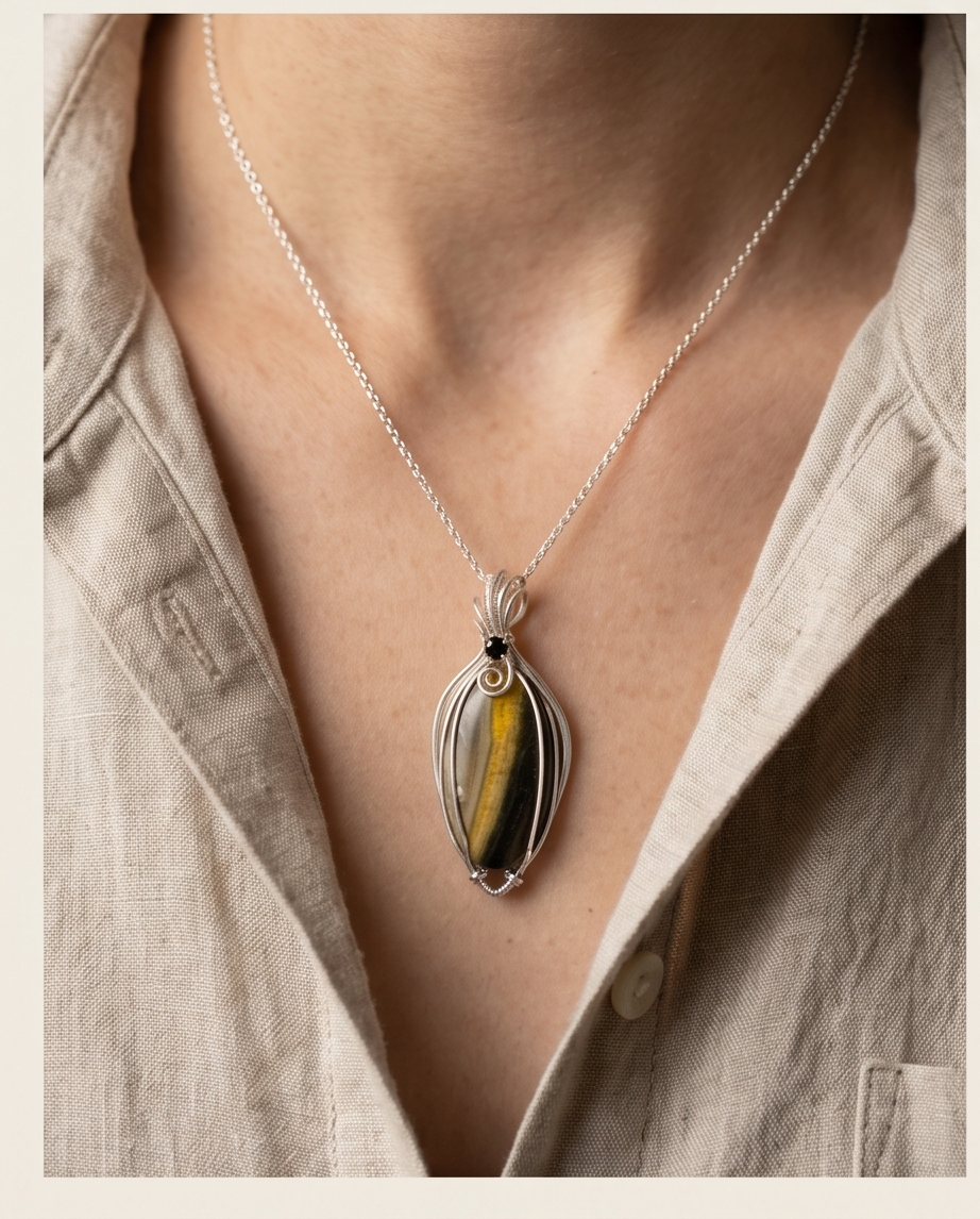 Handcrafted bumblebee jasper pendant in sterling silver with vertical yellow band and minimalist wire wrap design