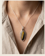 Load image into Gallery viewer, Handcrafted bumblebee jasper pendant in sterling silver with vertical yellow band and minimalist wire wrap design