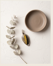 Load image into Gallery viewer, Handcrafted bumblebee jasper pendant in sterling silver with vertical yellow band and minimalist wire wrap design