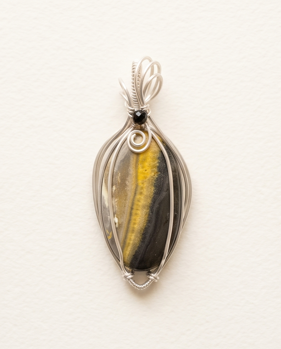 Handcrafted bumblebee jasper pendant in sterling silver with vertical yellow band and minimalist wire wrap design