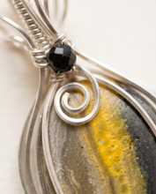 Load image into Gallery viewer, Handcrafted bumblebee jasper pendant in sterling silver with vertical yellow band and minimalist wire wrap design