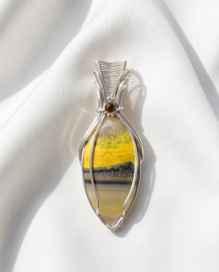 Handcrafted bumblebee jasper pendant in sterling silver with soft yellow and gray banding and elegant wire wrap design