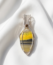 Load image into Gallery viewer, Handcrafted bumblebee jasper pendant in sterling silver with soft yellow and gray banding and elegant wire wrap design