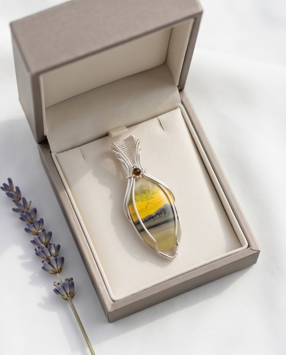 Handcrafted bumblebee jasper pendant in sterling silver with soft yellow and gray banding and elegant wire wrap design