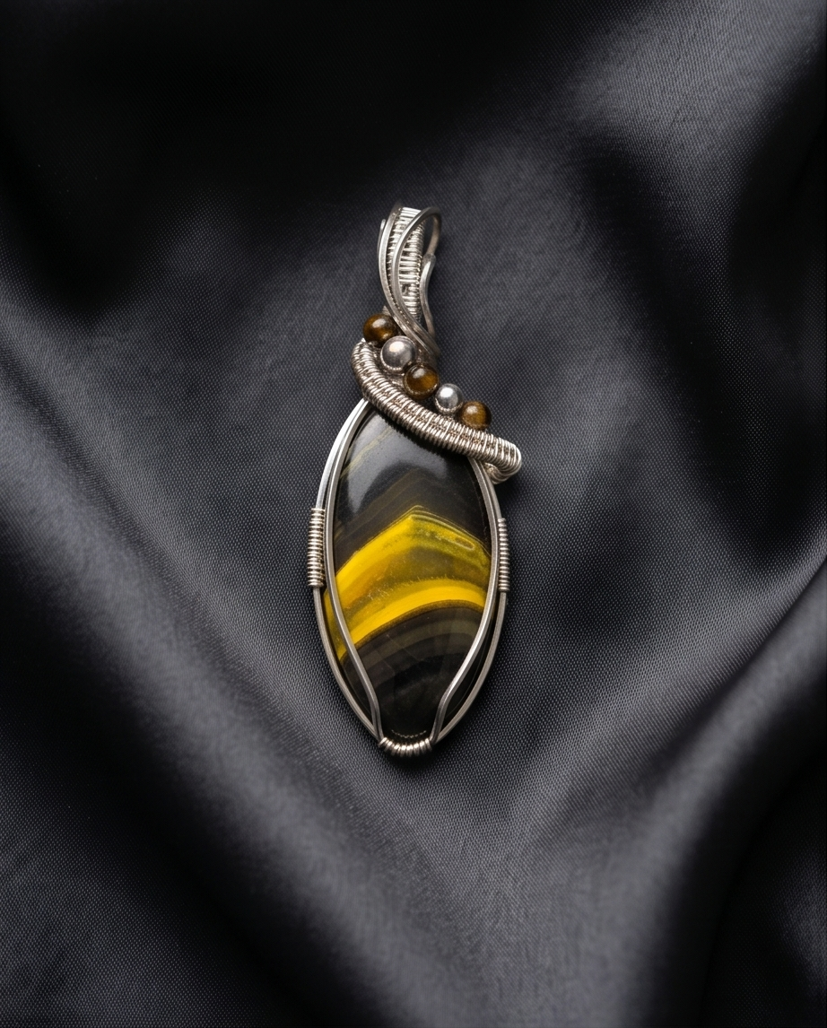 Bumblebee Jasper Pendant in Sterling Silver – Handcrafted Wire Wrapped Statement Jewelry